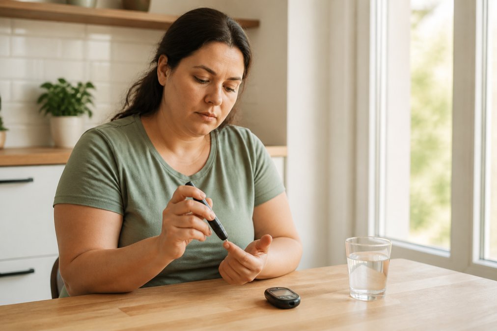 Adult in casual clothing checking blood sugar with a glucose meter at home, sitting at a kitchen table with a glass of water nearby, natural morning light streaming through the window
