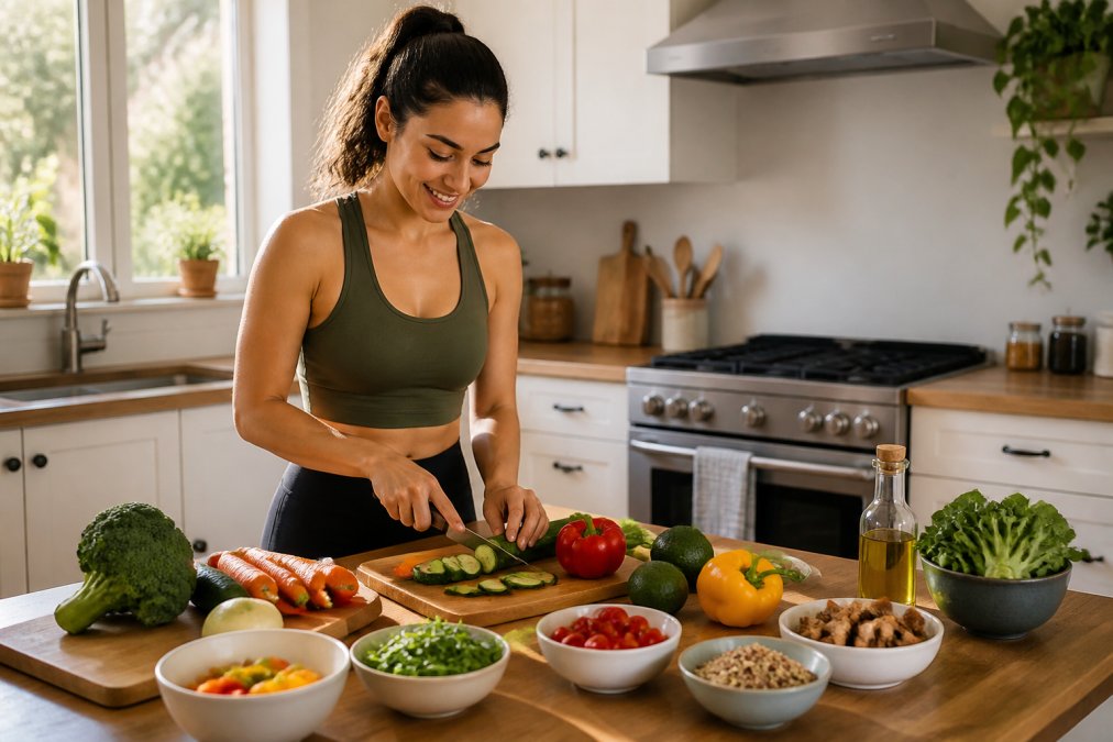Person preparing a colorful meal with fresh vegetables, whole grains, and lean protein in a bright kitchen, natural sunlight illuminating the counter