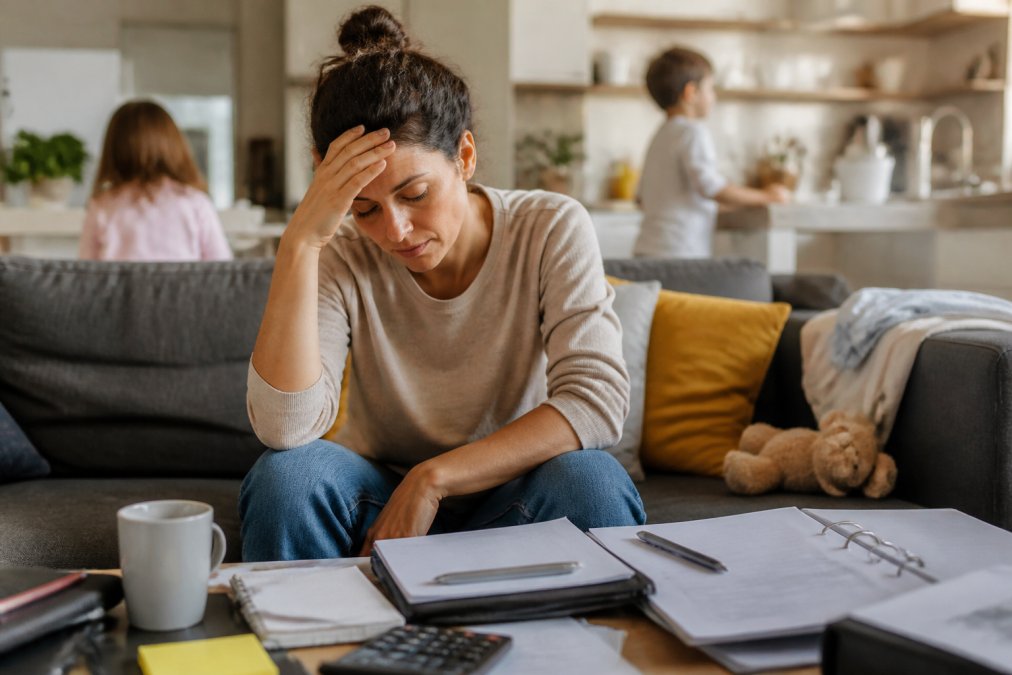 Mom sitting on a couch looking tired and stressed, with her head in her hand, surrounded by work materials and family responsibilities visible in the background