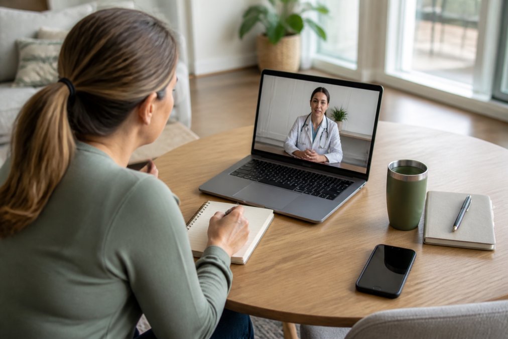 Person sitting at home on a laptop during a video consultation with a healthcare provider, taking notes on a notepad, natural lighting from window