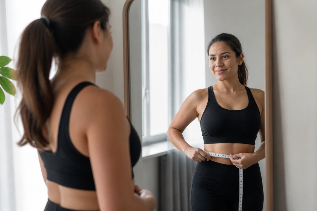 Adult measuring progress with a tape measure, standing near a mirror in natural lighting, looking confident and focused on their reflection