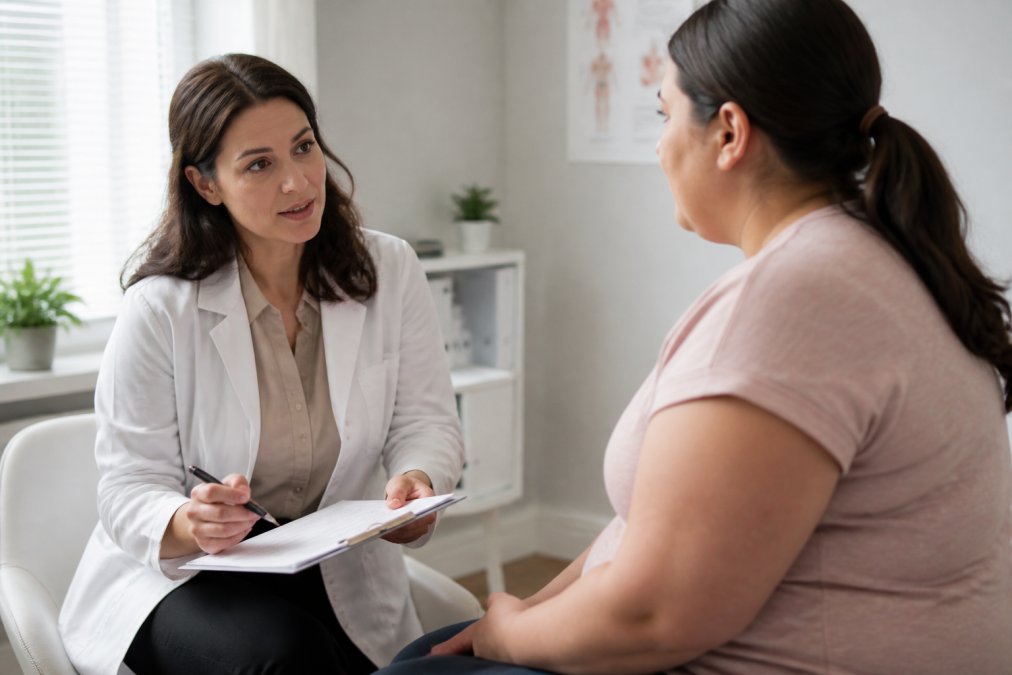 Healthcare professional in consultation with patient, reviewing medical notes and discussing treatment options in a clinical setting with neutral lighting and professional environment
