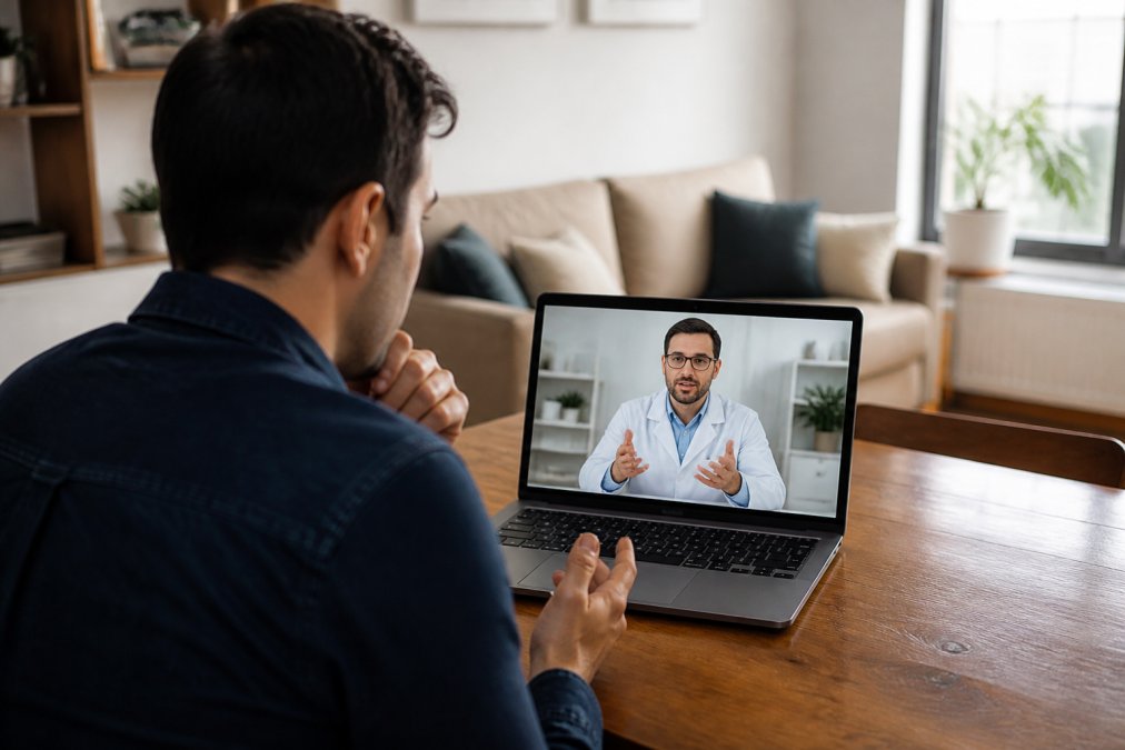 Man sitting at home on a video call with a healthcare provider visible on a computer screen, showing a professional telehealth consultation in a comfortable living space with natural window lighting