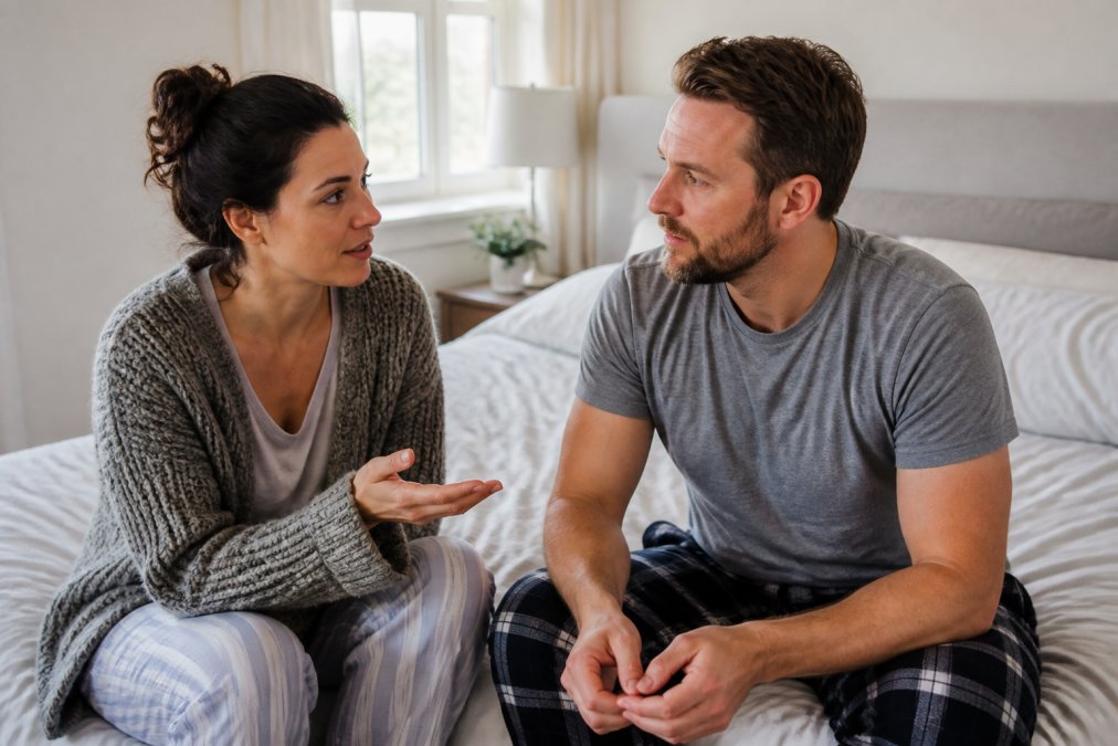 Couple having an open conversation in a bedroom, showing relationship communication and partner involvement in health decisions, with warm natural lighting