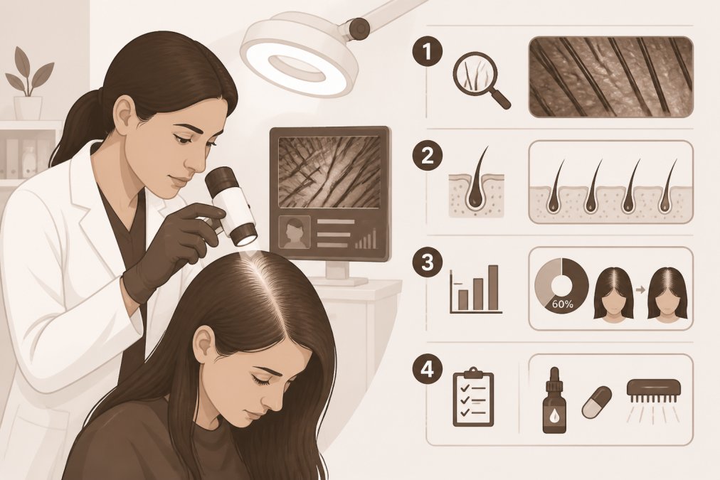 Dermatologist examining patient's scalp with specialized magnifying tool in clinical setting, showing professional hair loss evaluation under bright medical lighting