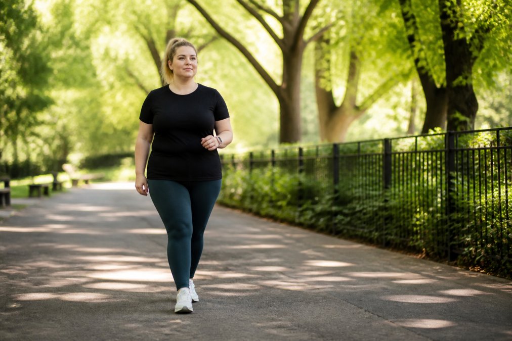 Active woman walking outdoors on a sunny day wearing comfortable fitness attire, moving through a tree-lined park path with natural morning light