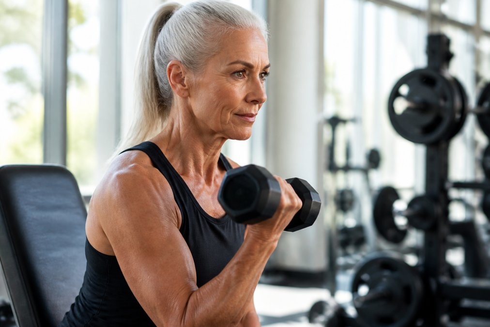 Active adult over 50 performing strength training with dumbbells in a bright, modern gym setting, focused expression, proper form with controlled movement