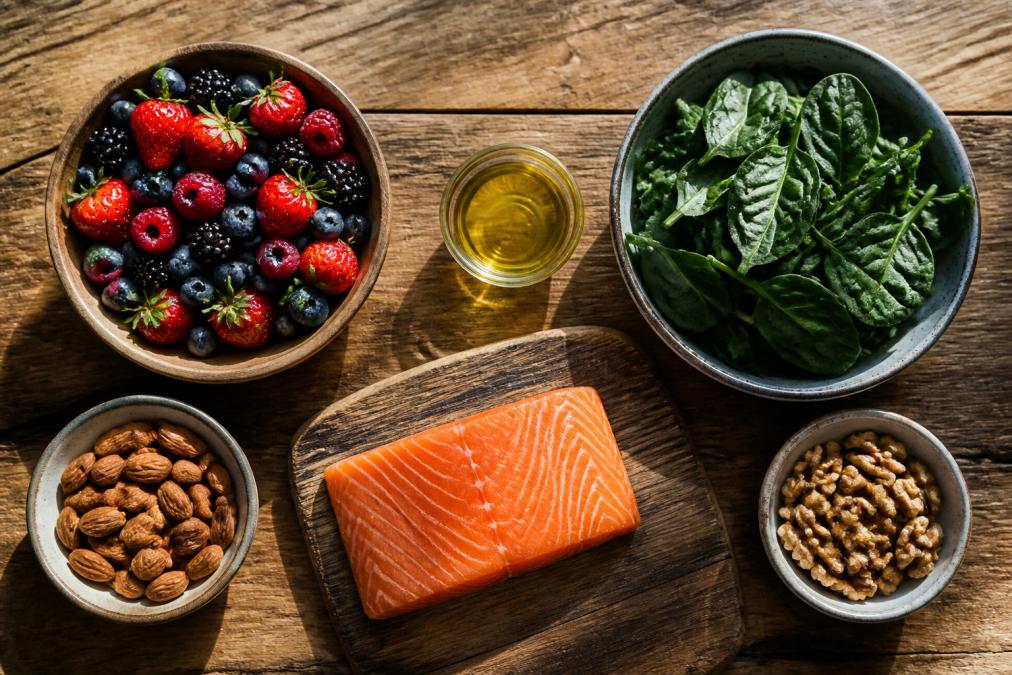Overhead view of nutrient-dense foods arranged on a wooden table: fresh salmon fillet, dark leafy greens, mixed berries, almonds, walnuts, olive oil in a small glass bowl, natural morning light
