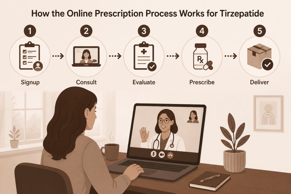 How to Safely Start Tirzepatide Online: A Step-by-Step Guide 1 Adult sitting at home on a video call with a healthcare provider visible on laptop screen, showing a medical consultation in progress with natural window lighting