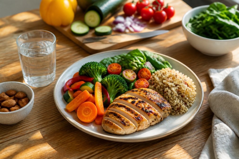 Healthy meal preparation with balanced plate containing lean protein, colorful vegetables, and whole grains on wooden table with natural sunlight