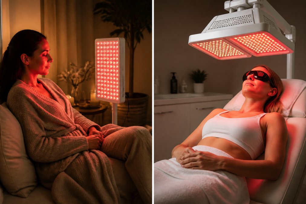 Person using red light therapy panel in comfortable home setting with warm lighting, device positioned at shoulder height=