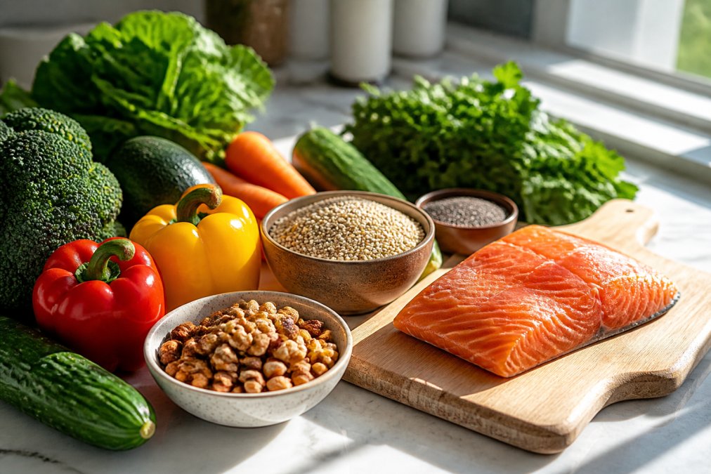 Close-up of colorful fresh vegetables, nuts, fatty fish, and whole grains arranged on a kitchen counter with natural sunlight streaming across the surface
