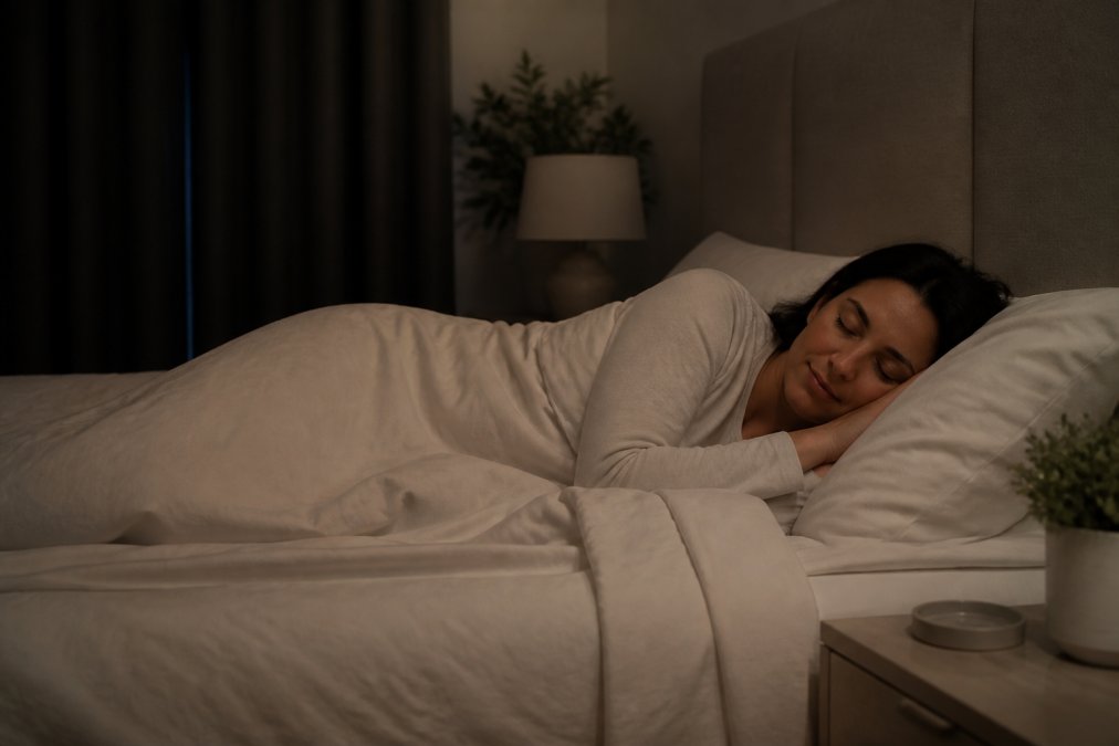 Person sleeping peacefully in a dark bedroom with a comfortable bed, soft pillows, and calm, serene environment with blackout curtains and minimal light