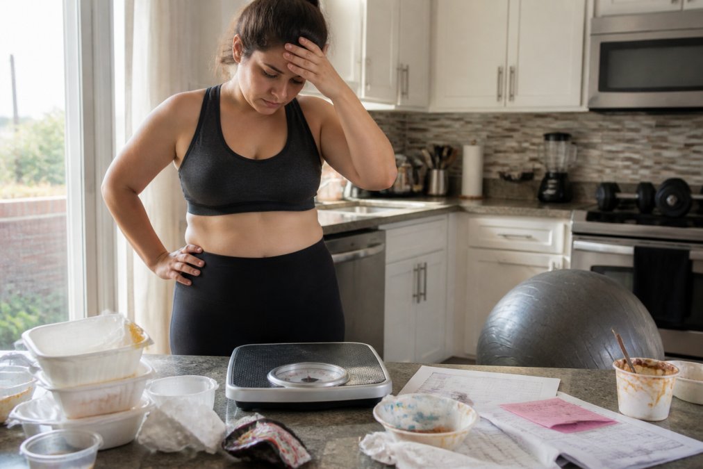 Person standing on a scale with a frustrated expression, surrounded by empty diet food containers, abandoned workout equipment, and discarded meal plan papers on a kitchen counter, natural afternoon lighting
