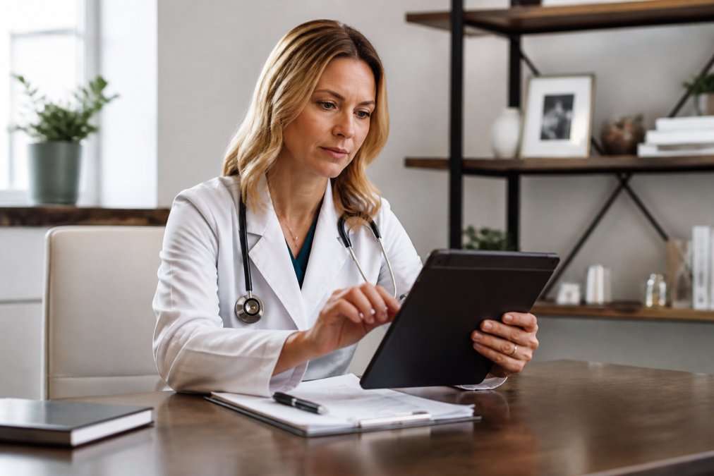 Healthcare provider in white coat reviewing patient progress notes and vital signs on a tablet during a virtual consultation, with professional clinical background and warm lighting