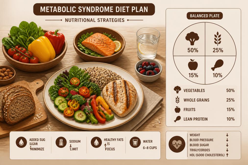 Metabolic Syndrome Explained: Causes, Risks & Reversal 1 Colorful spread of fresh vegetables including leafy greens, bell peppers, and tomatoes, whole grain bread, grilled chicken breast, and a bowl of salmon on a wooden table with a prepared plate of balanced meal in natural daylight