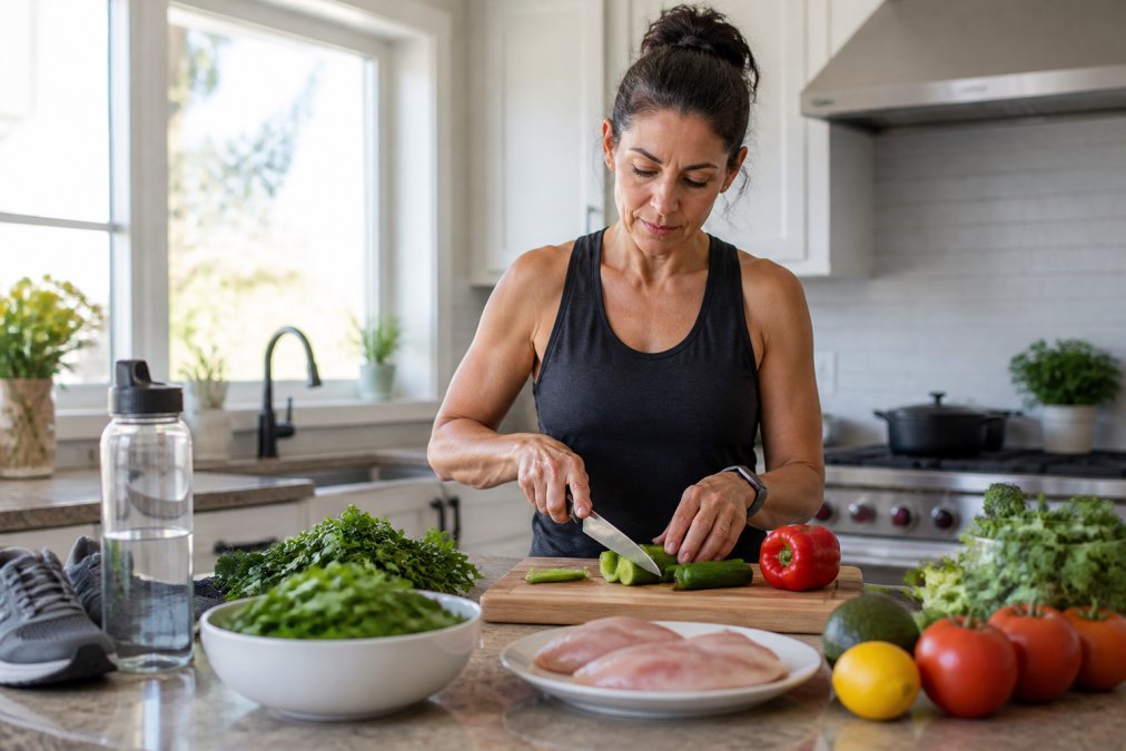 Middle-aged adult preparing fresh vegetables and lean proteins in a bright kitchen with natural morning light, water bottle and exercise shoes visible on the counter beside cutting board