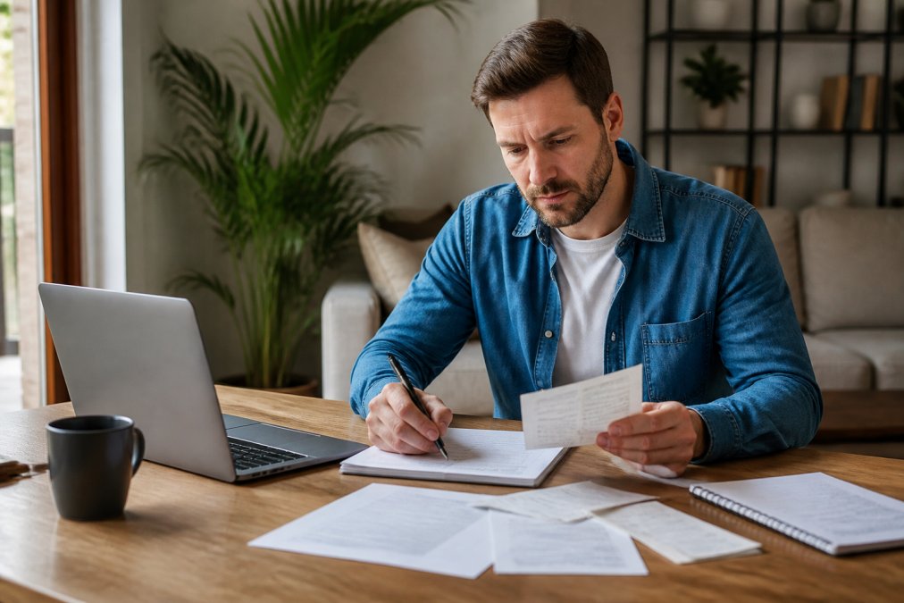 Man sitting at home office desk with laptop open, reviewing medical documents and taking notes, calm focused expression