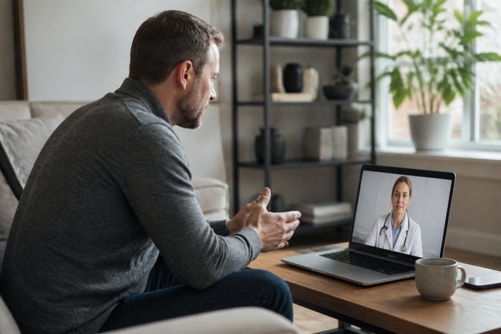 Man in home setting on video call with healthcare professional on laptop screen, professional but comfortable environment