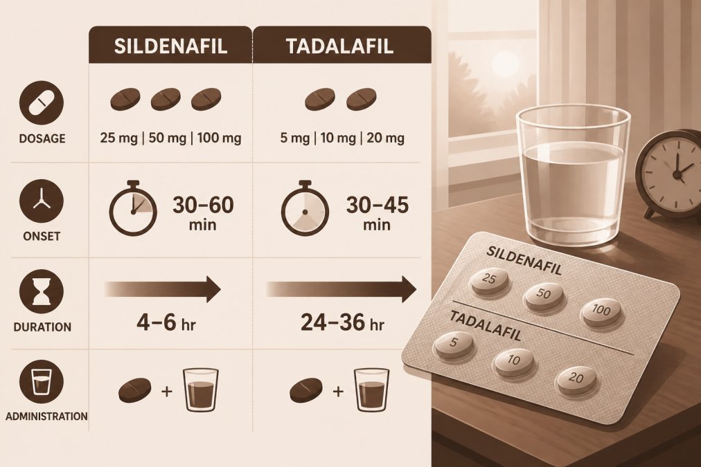 Professional illustration showing sildenafil vs tadalafil