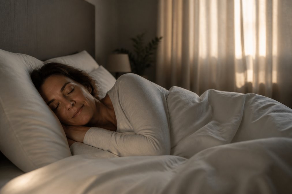 Woman in her 40s sleeping peacefully in a dark bedroom with soft morning light filtering through closed curtains, appearing restful and calm