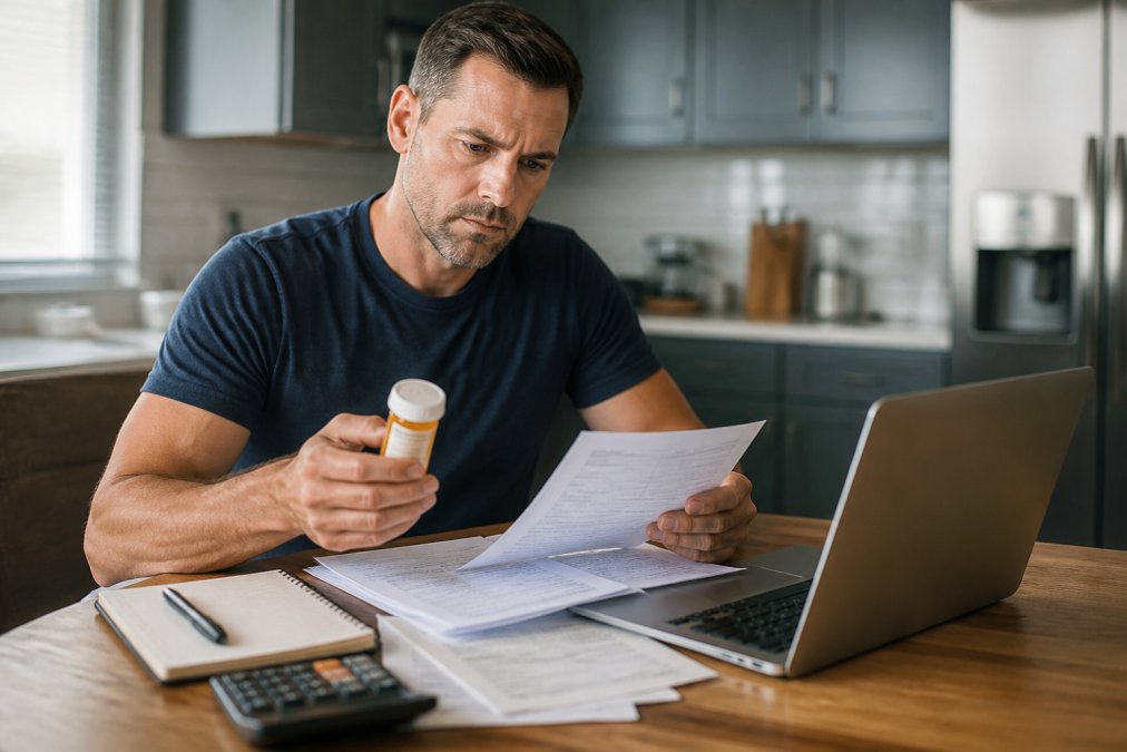 A man in his 40s reviewing insurance paperwork and a prescription vial at a kitchen table, with a laptop showing a health insurance portal