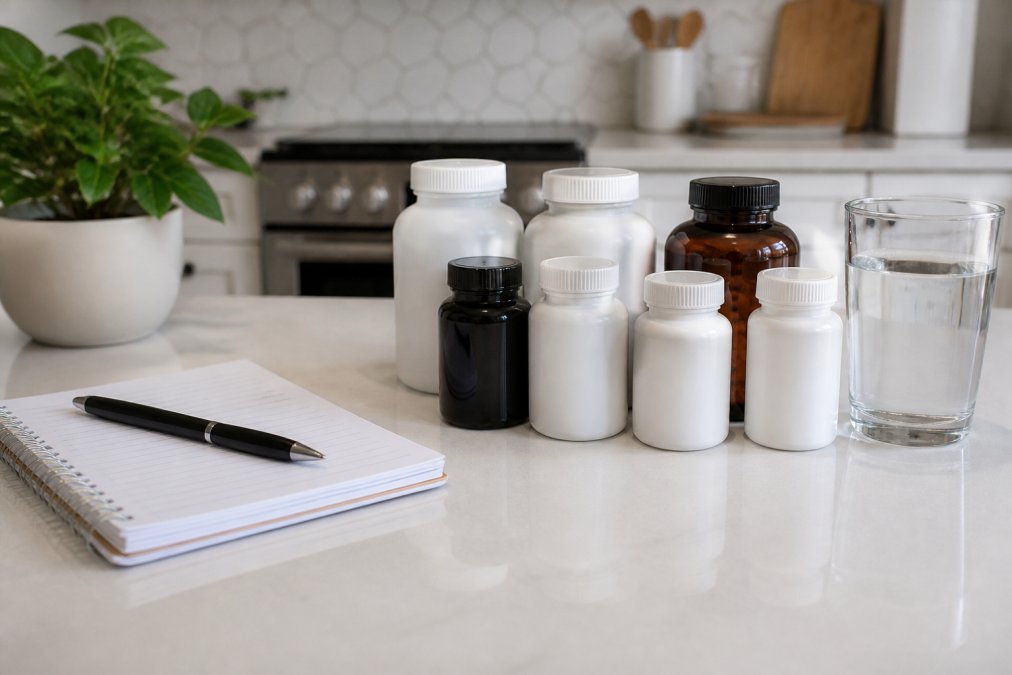 A close-up of several unbranded supplement bottles and a glass of water on a clean kitchen counter, with a notebook and pen nearby for tracking daily intake