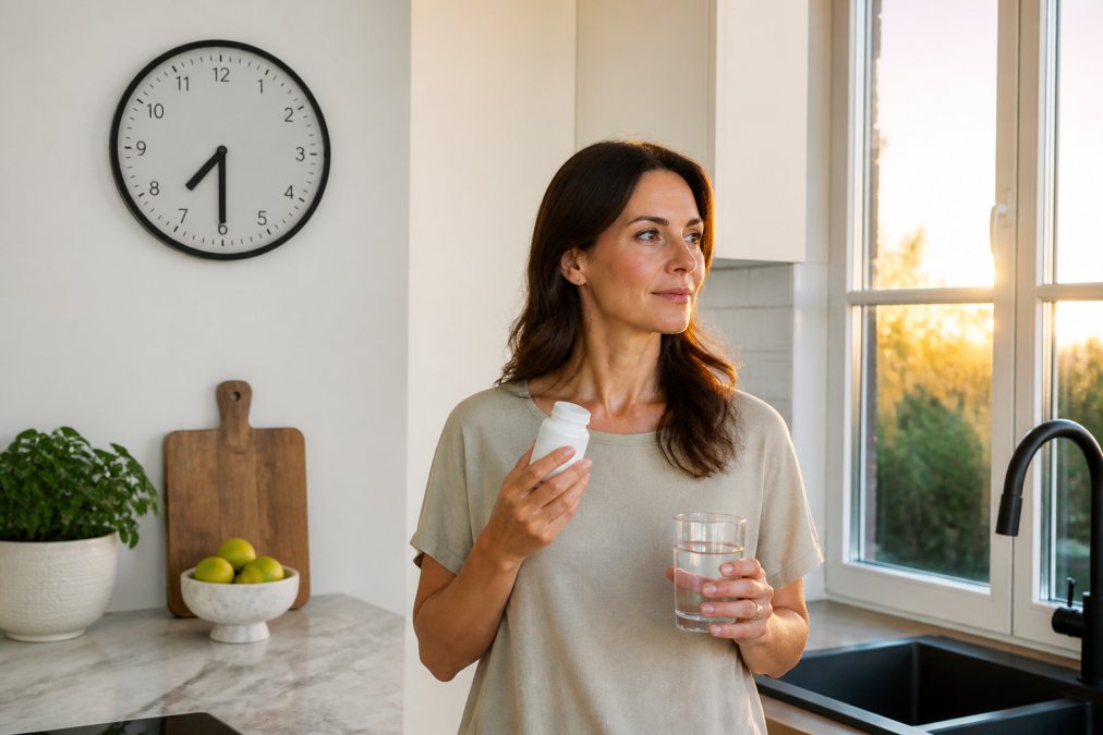 A person in their 40s standing in a bright kitchen at sunrise, holding a small supplement bottle and a glass of water, with a wall clock showing 7:30 AM in the background