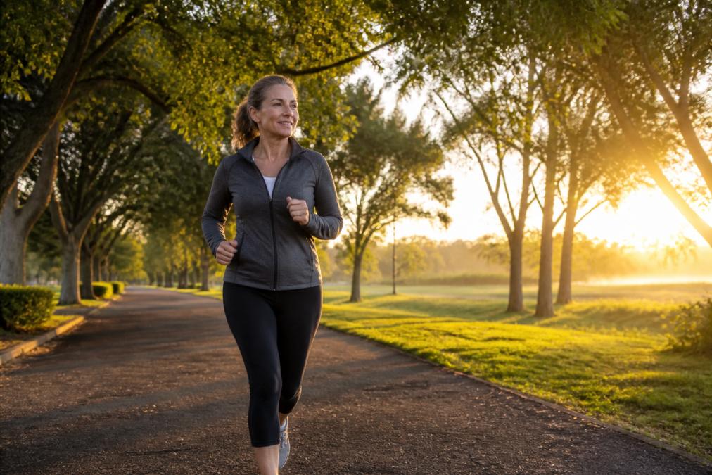 Middle-aged woman jogging on a tree-lined park path at sunrise, wearing simple athletic clothing, warm golden light filtering through leaves