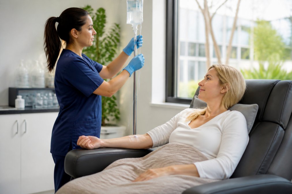 NAD IV Therapy for Addiction Recovery: What to Know 1 A patient relaxing in a recliner in a bright, calming IV therapy clinic while a nurse in scrubs adjusts an IV drip line, soft natural light through large windows