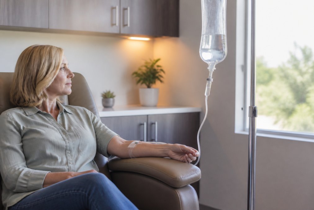 Close-up of an IV drip bag hanging on a stand in a clean, modern medical clinic, with a patient's arm resting comfortably on a padded chair, soft natural light coming through a window
