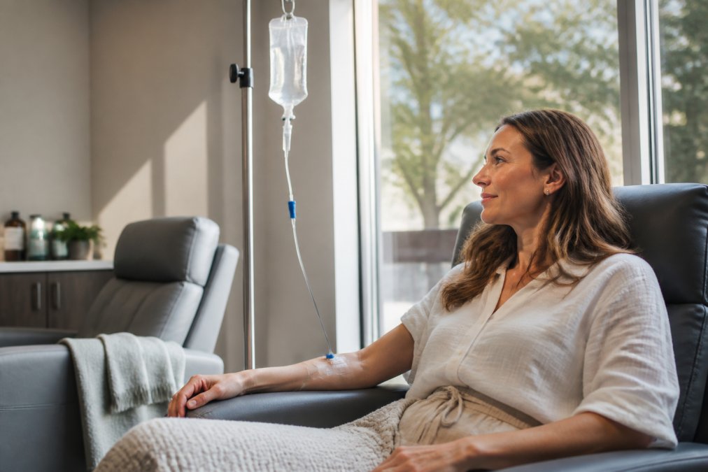 A calm, modern medical infusion room with a comfortable recliner, IV stand with a clear bag, and soft natural light, suggesting a clinical wellness setting