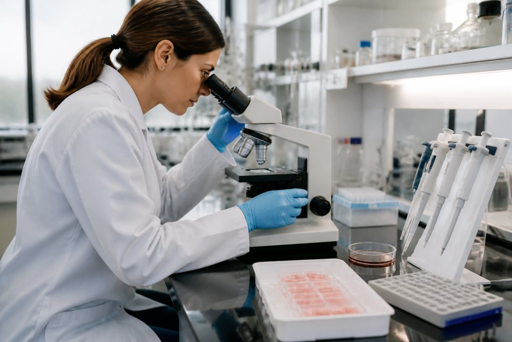 A researcher in a white lab coat examining a muscle tissue sample under a microscope in a brightly lit laboratory, with pipettes and sample trays visible on the bench