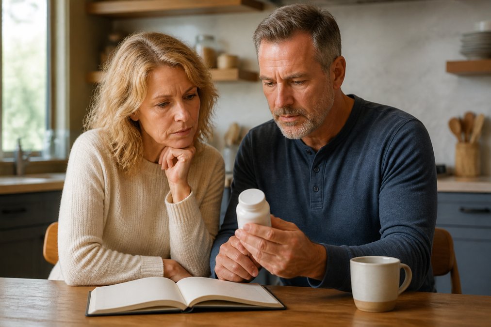 A middle-aged man and woman in their 50s sitting at a kitchen table reviewing a supplement bottle and a health notebook, soft natural light, focused expressions suggesting careful consideration