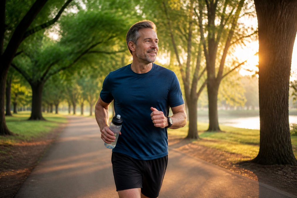 A fit adult in their forties jogging on a tree-lined path at sunrise, wearing simple athletic clothing, with a water bottle in hand and a calm, focused expression