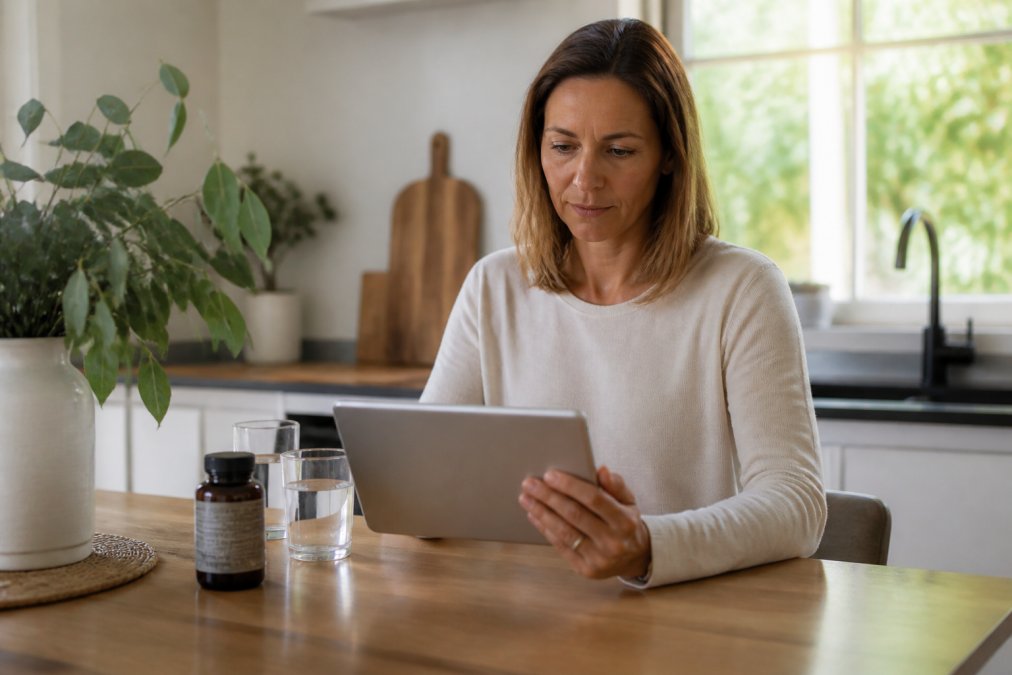 A person in their 40s reviewing lab test results on a tablet at a kitchen table, with a supplement bottle and a glass of water nearby, natural morning light