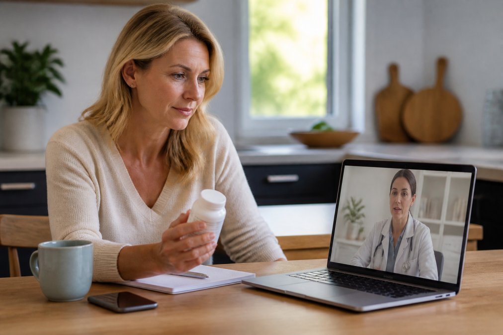 A woman in her 40s sitting at a kitchen table with a supplement bottle, looking at a laptop showing a telehealth consultation, warm natural morning light through a window