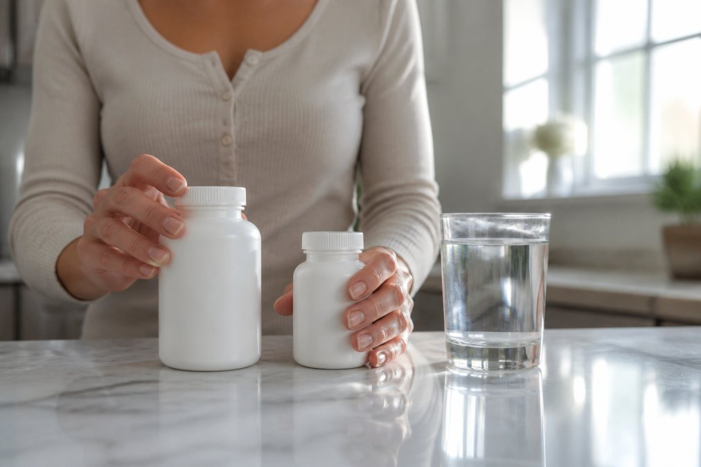 Close-up of a person's hands arranging two supplement bottles and a glass of water on a marble kitchen counter, morning light through window
