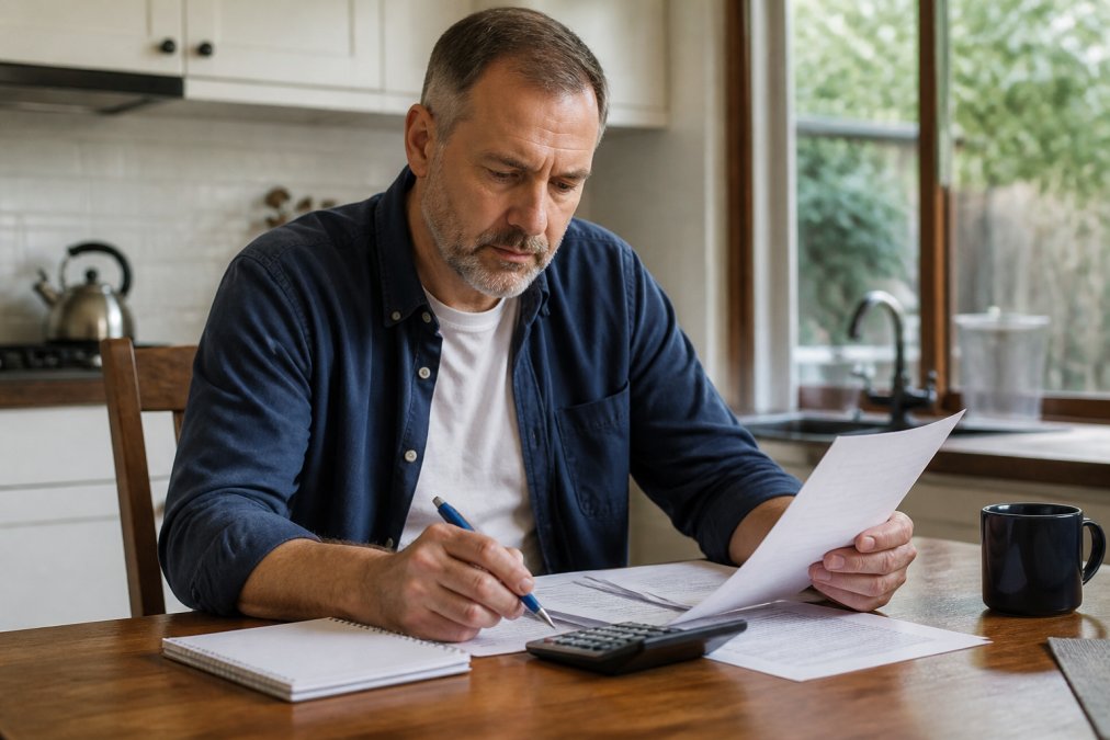 A middle-aged man sitting at a kitchen table reviewing medical bills and insurance paperwork with a calculator and pen, looking concerned but focused, natural daylight