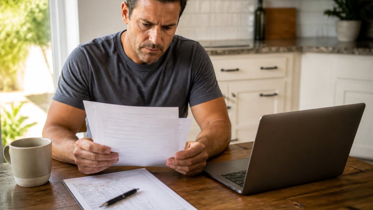 A man in his 40s reviewing health insurance documents and a laptop at a kitchen table, with a blood test lab report and pen nearby, natural morning light