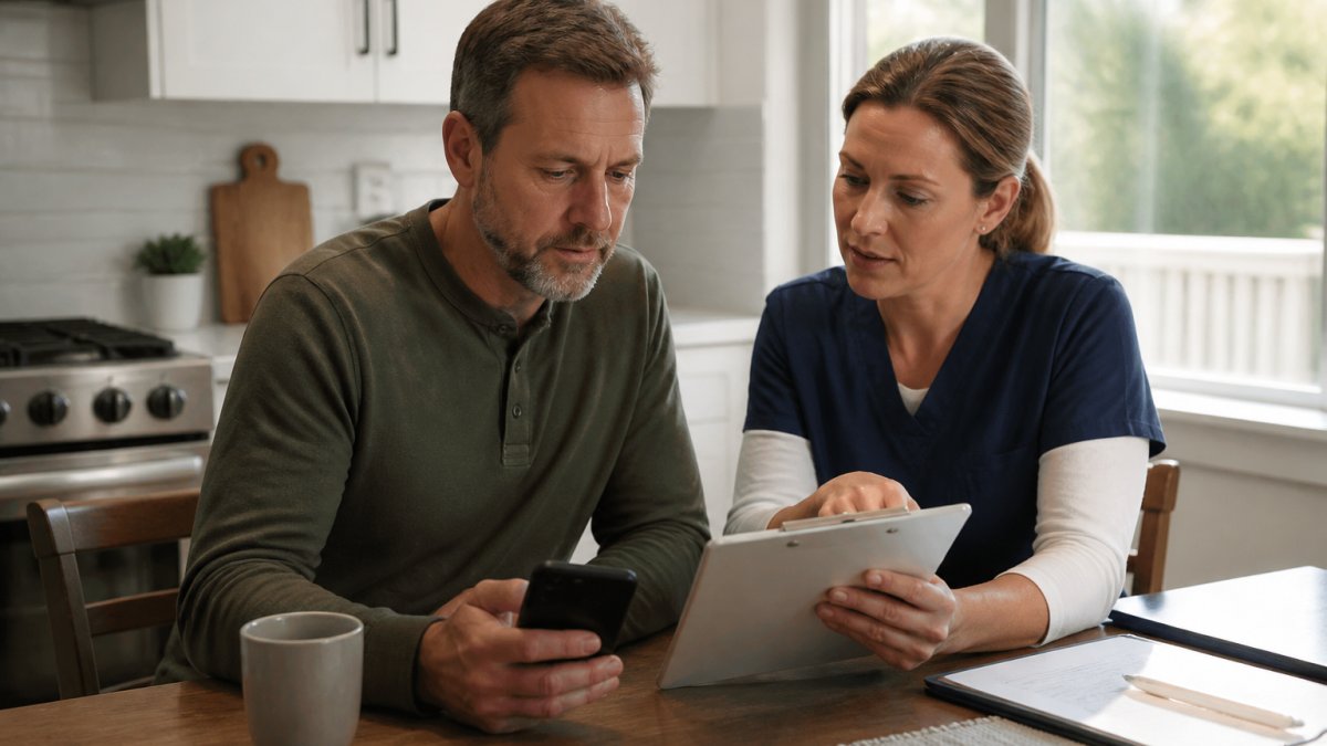 A middle-aged man sitting at a kitchen table reviewing lab results on a smartphone while a nurse practitioner points to a blood test report on a tablet beside him, warm morning light through the window