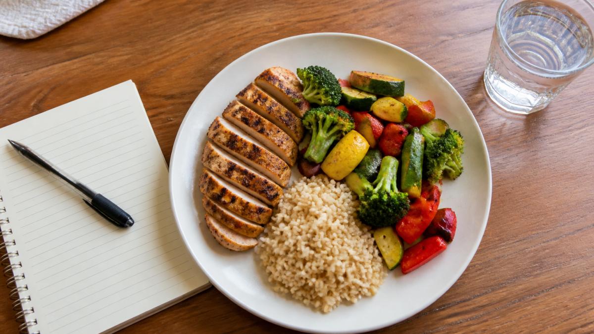 Overhead shot of a balanced plate with grilled chicken, roasted non-starchy vegetables, and a small portion of brown rice on a wooden table, with a glass of water and a notebook showing a weekly meal plan beside it