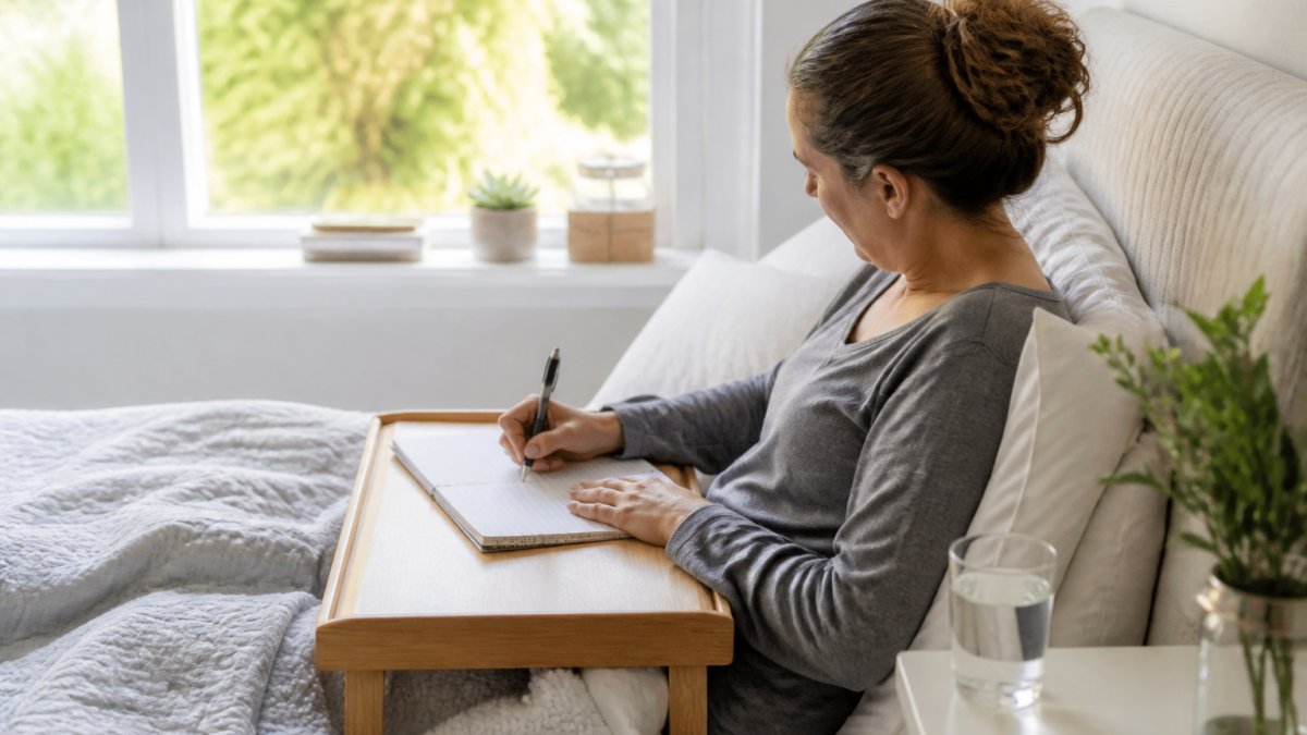 How Do You Track Energy Pacing for ME/CFS? 1 A person sitting propped up in bed with a paper notebook and pen on a lap tray, morning light through a window, writing a short daily log entry