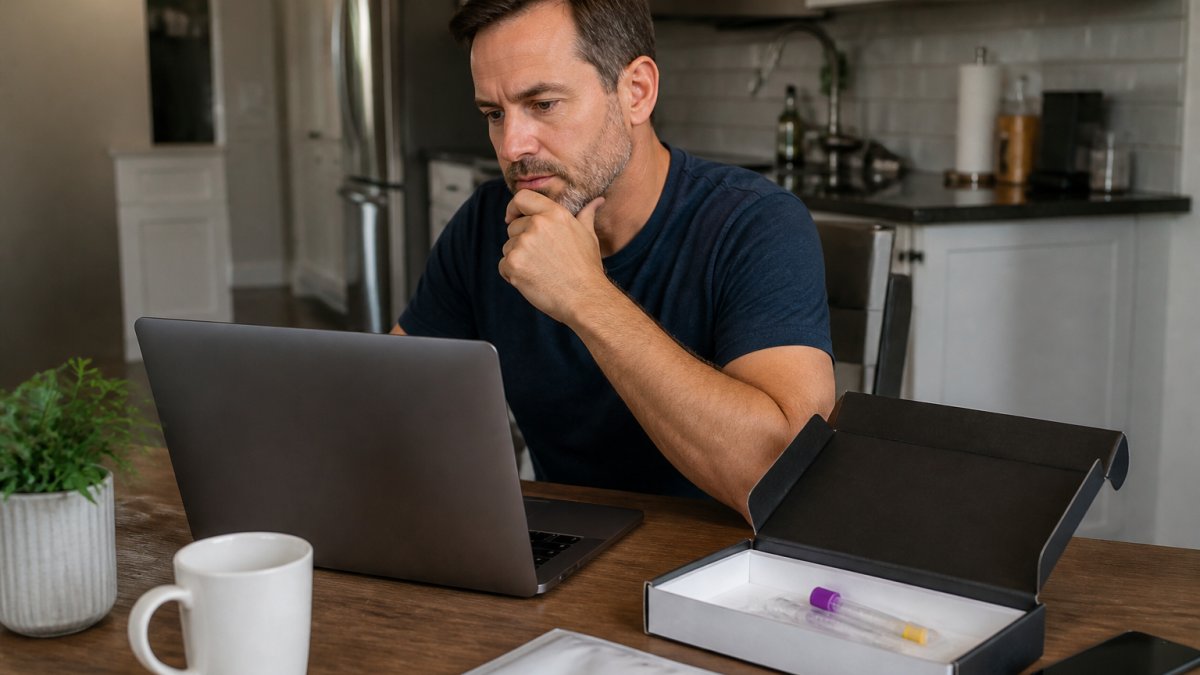 A man in his 40s sitting at a kitchen table reviewing lab test results on a laptop, with a blood test kit box and a smartphone showing a telehealth appointment notification nearby