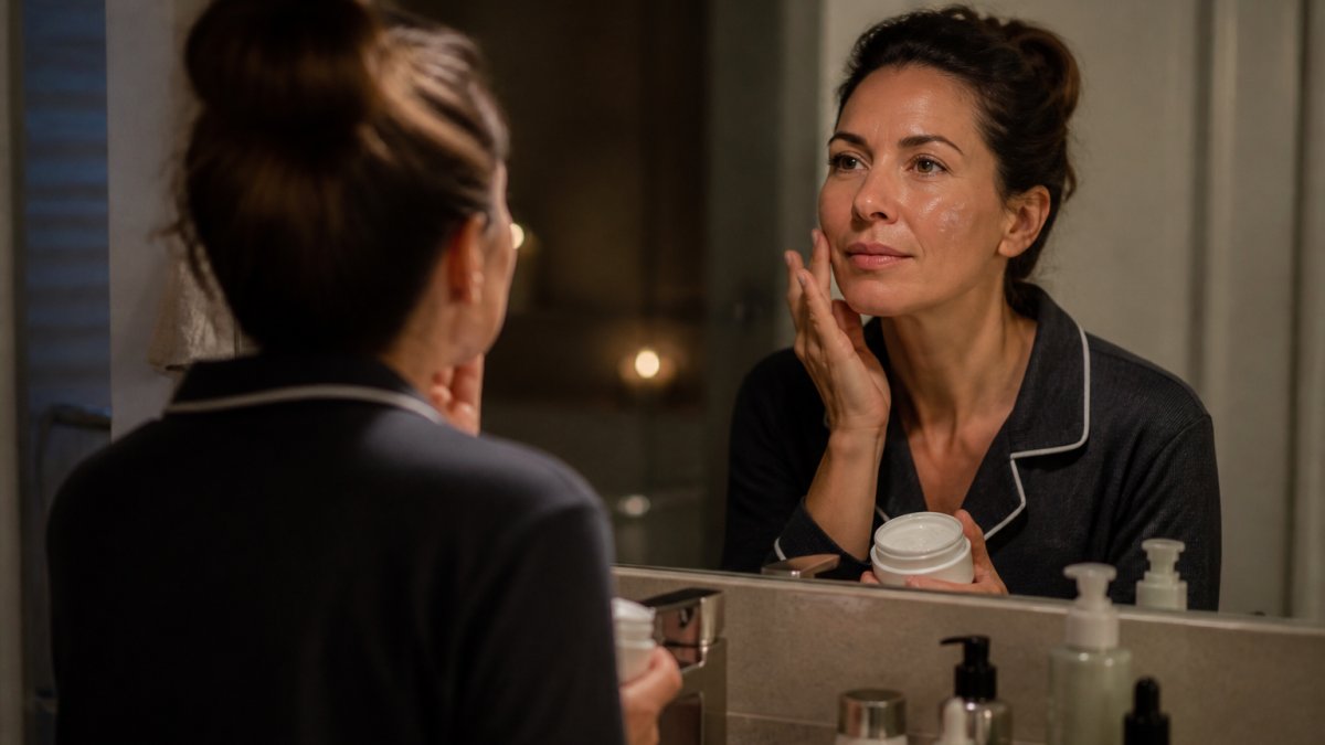 A woman in her 40s applying moisturizer in a dimly lit bathroom before bed, with soft warm lighting and a calm expression, skincare products visible on the counter