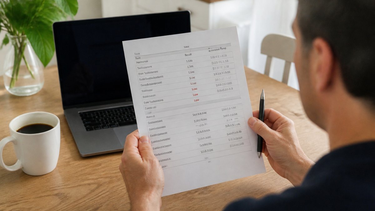 Close-up of a person's hands holding a printed lab report with a pen, sitting at a kitchen table with a laptop and coffee nearby, natural daylight
