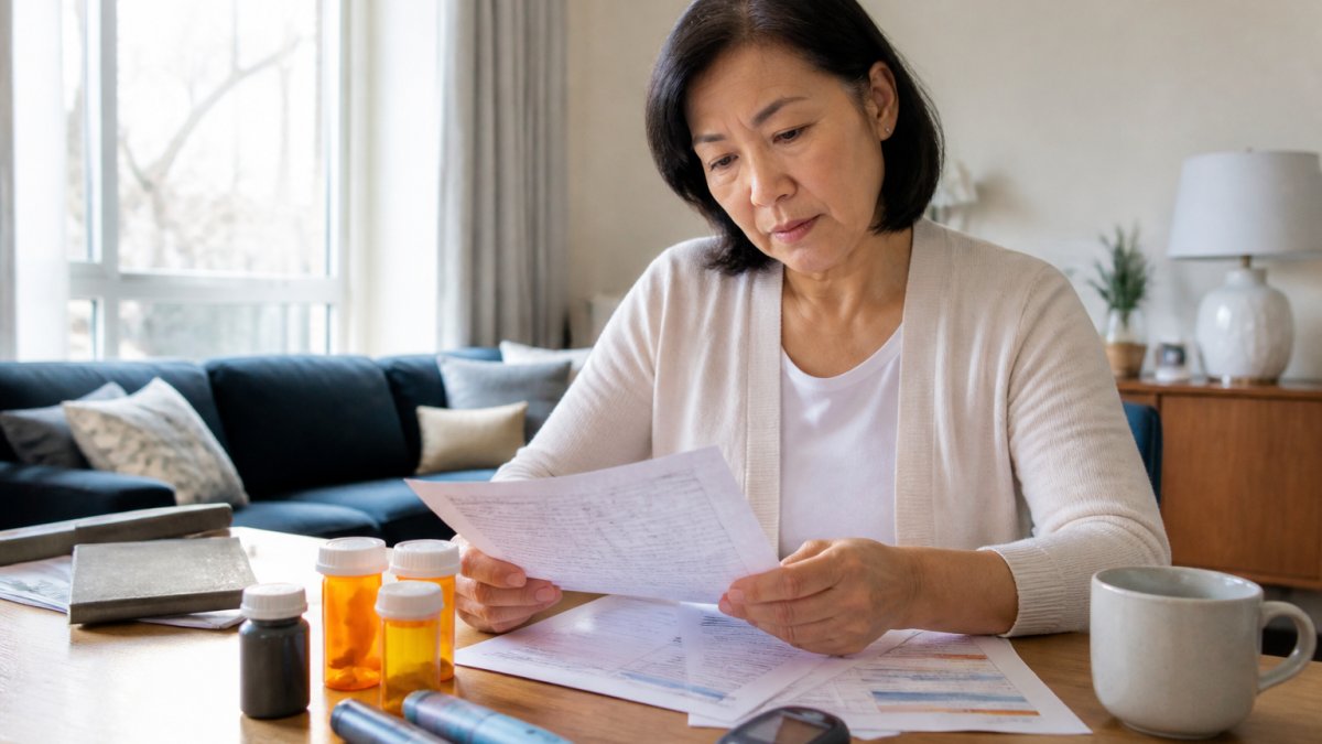 Person reviewing diabetes management documents and medication bottles at home with a glucose monitor visible on the table