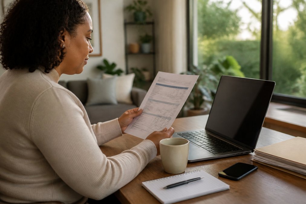 A person in a home office reviewing insurance paperwork and a laptop screen showing a benefits portal, with a phone nearby for calling the insurer