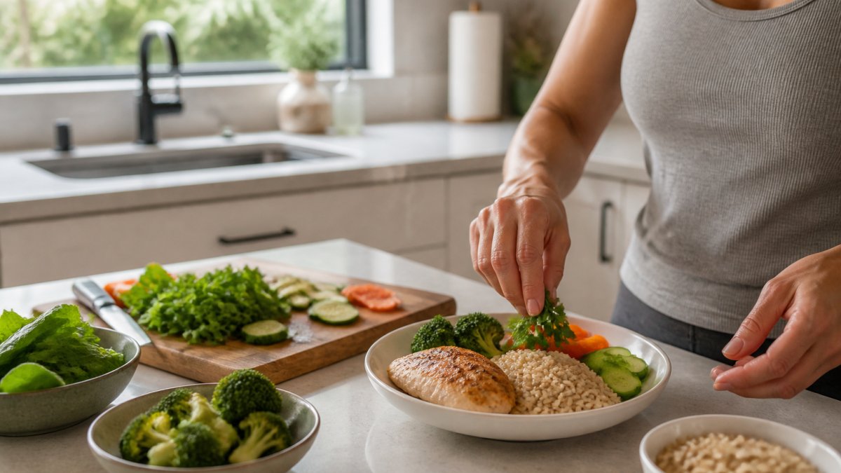 Person preparing a nutrient-dense meal with grilled chicken, fresh vegetables, and brown rice on a bright kitchen counter in natural morning light