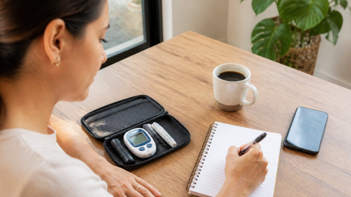 Person sitting at a desk with a glucose meter, notebook, and smartphone displaying a blood sugar tracking app, writing down a reading with morning coffee nearby